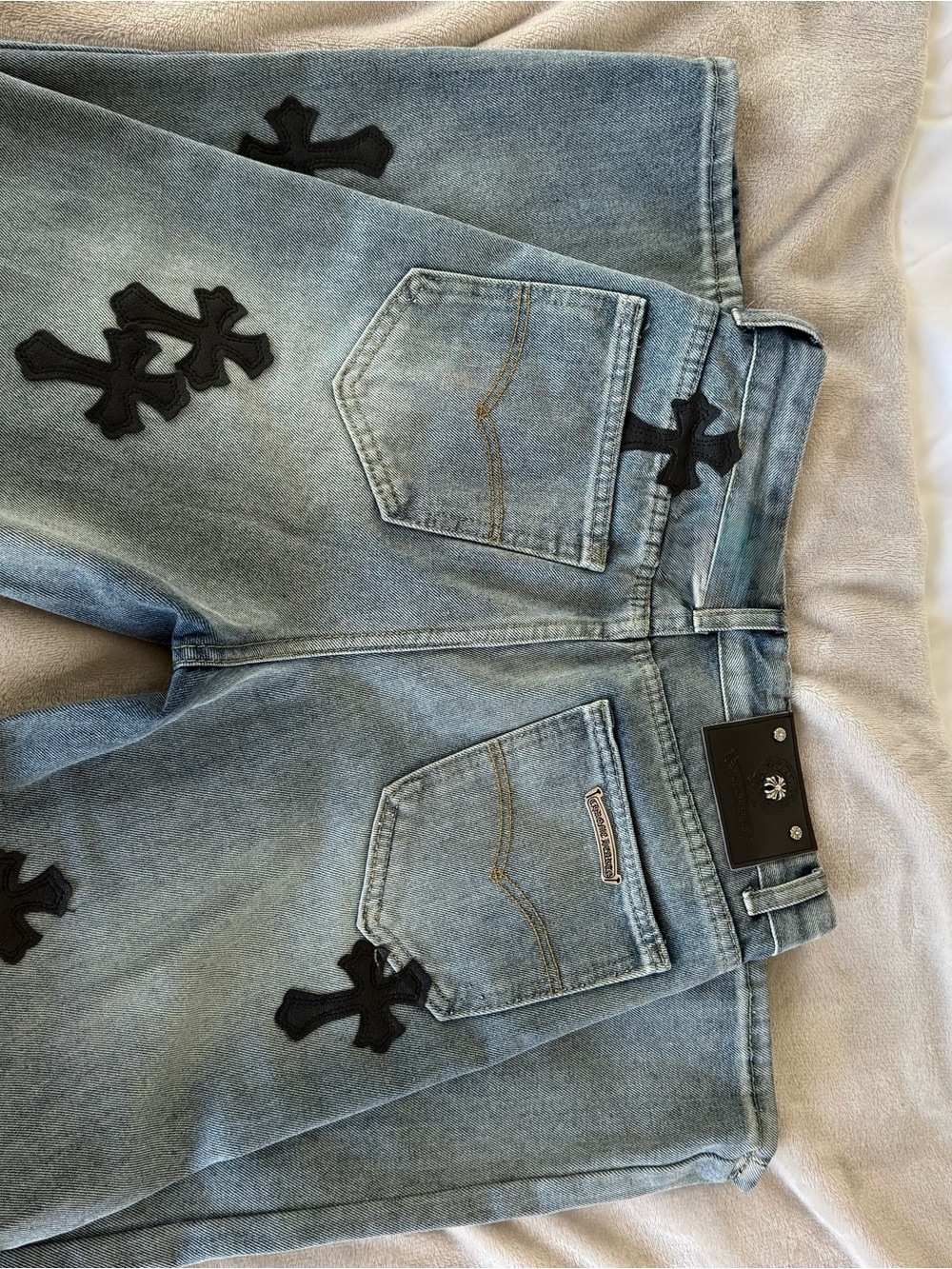Chrome Hearts Light Blue Denim Jeans with Black Cross Patches - Picture 2 of 4